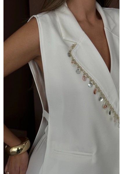 Yaka Midye Kabuğu Sıralı Yelek - Pantolontakım Keten Kumaş - Beyaz fiyatları