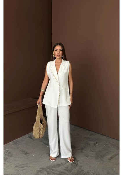 Yaka Midye Kabuğu Sıralı Yelek - Pantolontakım Keten Kumaş - Beyaz fırsatları