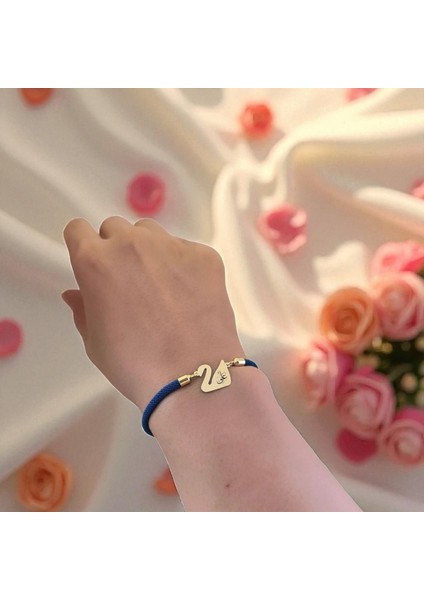 14 Ayar Plakalı Altın Hz Ali Temalı Mavi Örgülü Kuğu Kuşu Motifli Hediye BILEKLIK-604SEMBOL