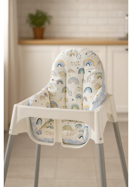Bebek Çocuk Mama Sandalyesi Minderi Mavi Gökkuşağı ve Mavi Yıldızlı