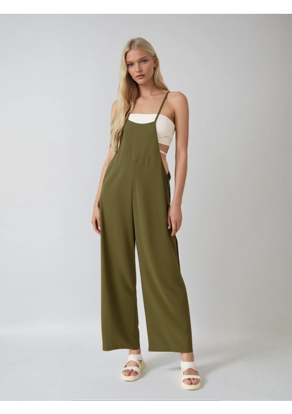 Kadın Haki Ayarlanabilir Askılı Cepli Bol Paça Bahçıvan Tulum HZL22S-BD170191