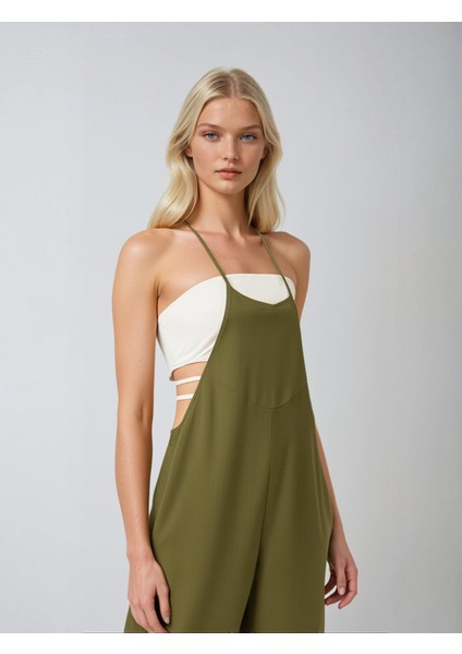 Kadın Haki Ayarlanabilir Askılı Cepli Bol Paça Bahçıvan Tulum HZL22S-BD170191 fiyatları