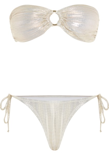 Tokalı Piliseli Gold Parlak Straplez Bikini
