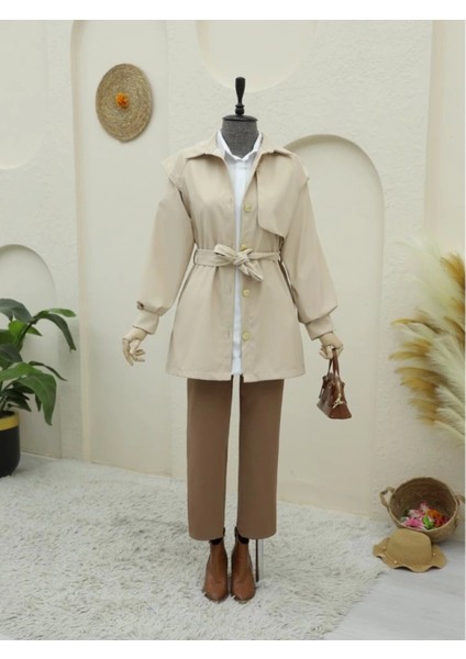 Broş Düğmeli Çift Düğmeli Kemerli Trençkot -Bej
