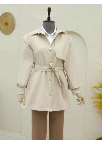 Broş Düğmeli Çift Düğmeli Kemerli Trençkot -Bej modelleri
