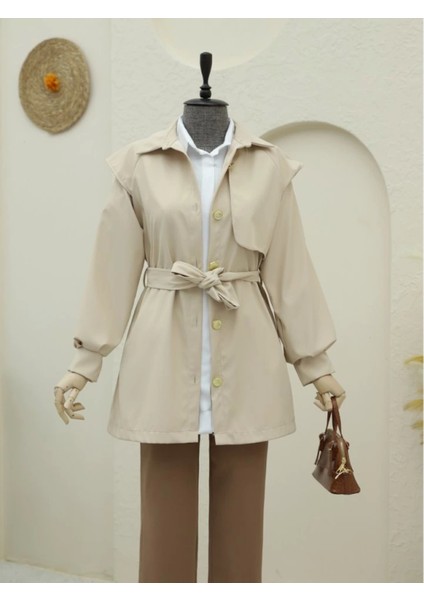 Broş Düğmeli Çift Düğmeli Kemerli Trençkot -Bej fırsatları