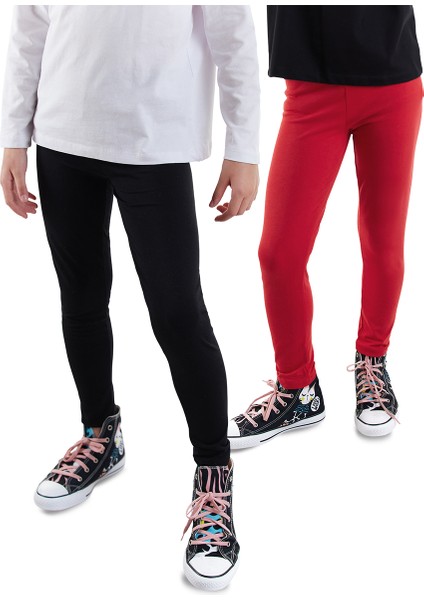 Siyah ve Kırmızı Kız Çocuk 2'li Paket Tayt