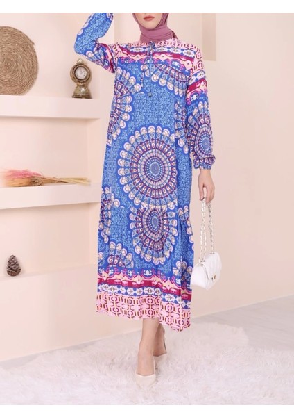 Parçalı Deseli Bağcıklı Kolu Lastikli Elbise -Mavi fiyatları