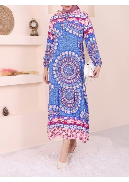 Parçalı Deseli Bağcıklı Kolu Lastikli Elbise -Mavi modelleri