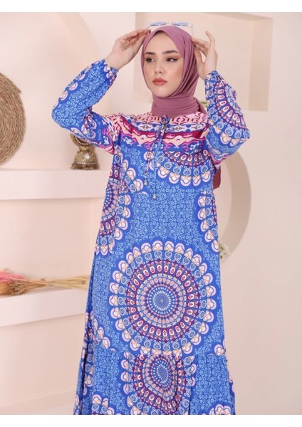 Parçalı Deseli Bağcıklı Kolu Lastikli Elbise -Mavi fırsatları