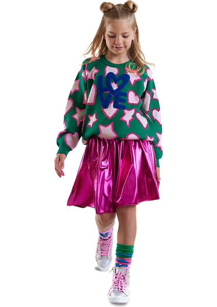 Yıldızlı Kalp Kız Çocuk Yeşil Triko Kazak