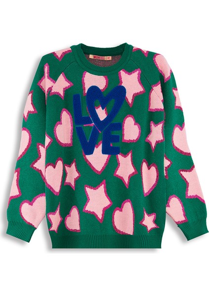 Yıldızlı Kalp Kız Çocuk Yeşil Triko Kazak modelleri