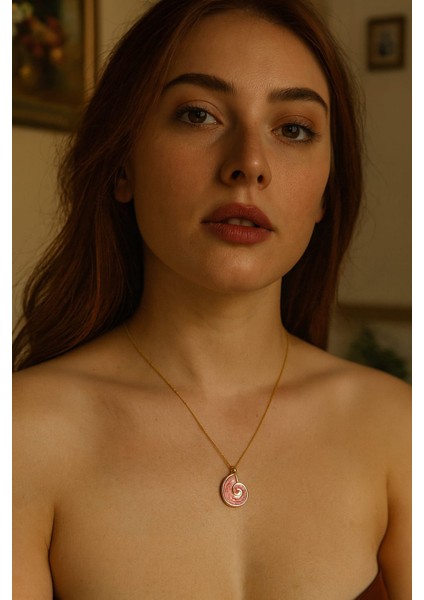 Pembe Spiral Deniz Kabuğu Tasarımlı Altın Kolye