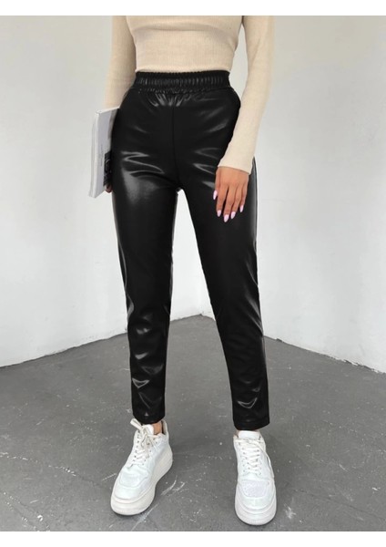 Beli Lastikli Deri Pantolon -Siyah