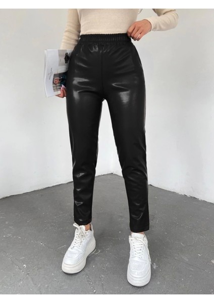 Beli Lastikli Deri Pantolon -Siyah modelleri