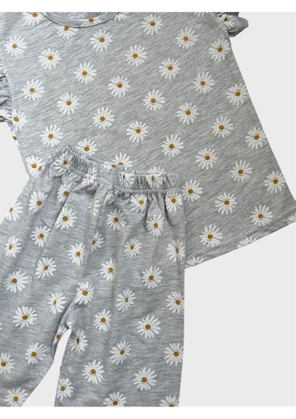 Kız Çocuk Pamuklu Gri Renk Papatya Desenli Kısa Kollu Yazlık Şortlu Pijama Takımı fiyatları