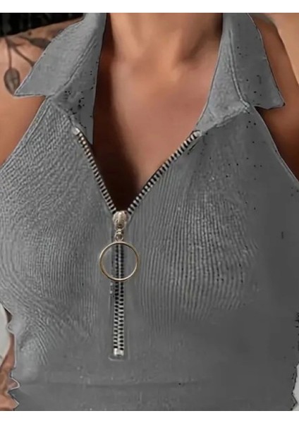 Elegan Kolsuz Polo Yaka Fermuarlı Bluz