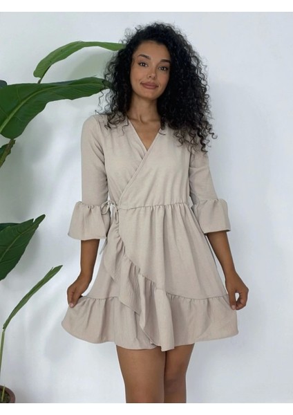 Eteği ve Kolları Fırfırlı Beli Lastikli Ayrobin Elbise -Açık Vizon