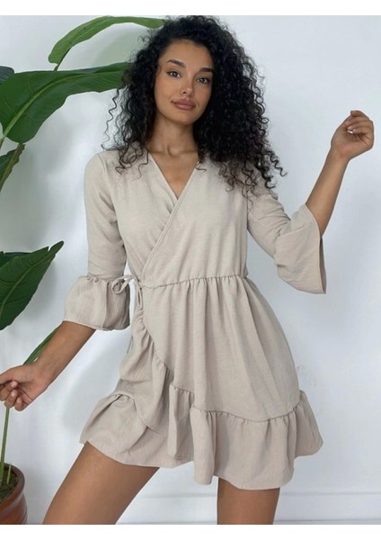 Eteği ve Kolları Fırfırlı Beli Lastikli Ayrobin Elbise -Açık Vizon fiyatları