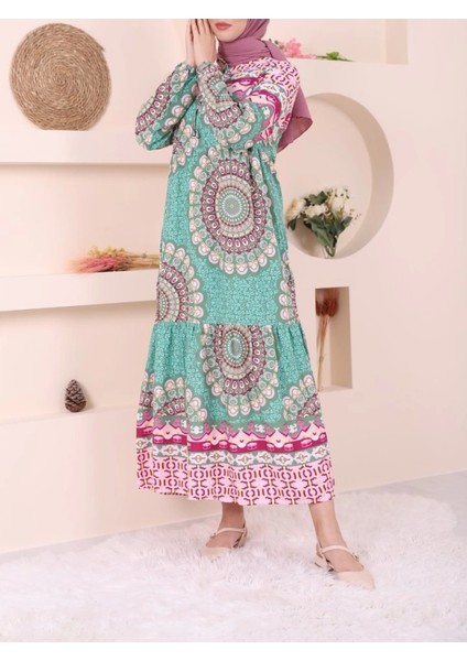 Parçalı Deseli Bağcıklı Kolu Lastikli Elbise -Yeşil