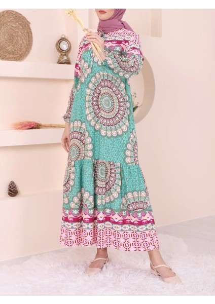 Parçalı Deseli Bağcıklı Kolu Lastikli Elbise -Yeşil fiyatları