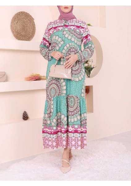 Parçalı Deseli Bağcıklı Kolu Lastikli Elbise -Yeşil modelleri