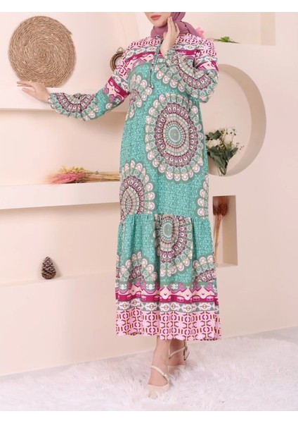 Parçalı Deseli Bağcıklı Kolu Lastikli Elbise -Yeşil fırsatları