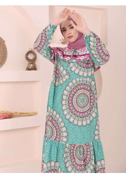 Parçalı Deseli Bağcıklı Kolu Lastikli Elbise -Yeşil indirimleri