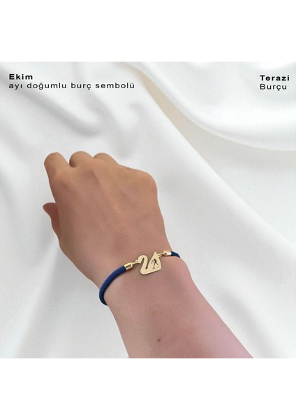 Altın Plakalı 14 Ayar Terazi Burçlarına Özel Kuğu Kuşu Motifli Mavi Örgülü Hediye BILEKLIK-604BURÇ