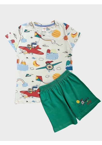 Kız Çocuk %100 Pamuklu Bulut Uçak Uçurtma Kız Desenli Kısa Kollu Şortlu Yazlık Pijama Takımı