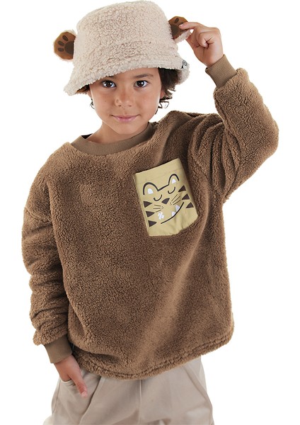 Kaplan Oversize Erkek Çocuk Kahverengi Peluş Sweatshirt