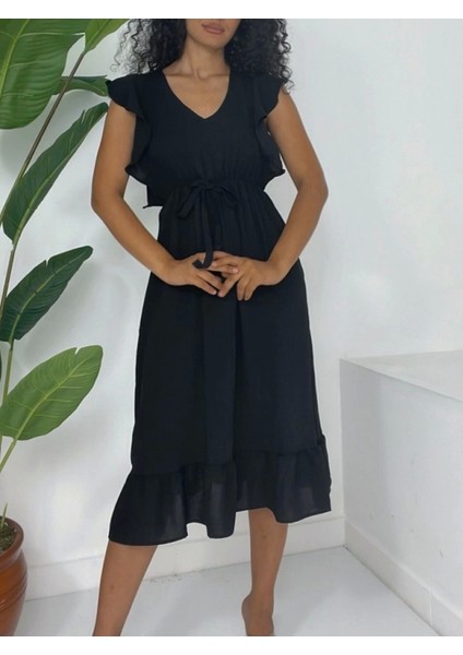 Omuzu Fırfırlı Beli Lastikli Sıfır Kol Midi Boy Ayrobin Elbise -Siyah