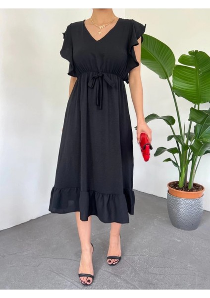 Omuzu Fırfırlı Beli Lastikli Sıfır Kol Midi Boy Ayrobin Elbise -Siyah fiyatları