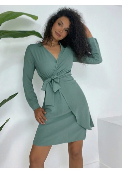 Kruvaze Yaka Bağlamalı Fırfırlı ayrobin Elbise -Mint modelleri