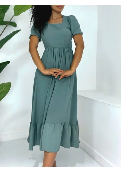 Kare Yaka Beli Lastikli Kısa Kol Ayrobin Elbise -Mint