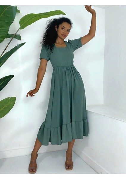 Kare Yaka Beli Lastikli Kısa Kol Ayrobin Elbise -Mint modelleri