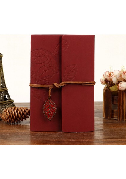 Yaprak Baskılı Deri Kapaklı Özel Tasarım Hediyelik Deri Kaplı Ajanda Anı Defteri Not Defteri Bordo Ithal Ürün 19X13CM