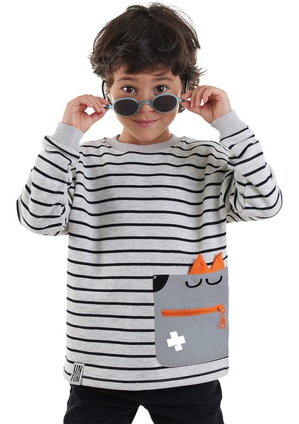 Cool Oversize Çizgili Gri Erkek Çocuk Sweatshirt