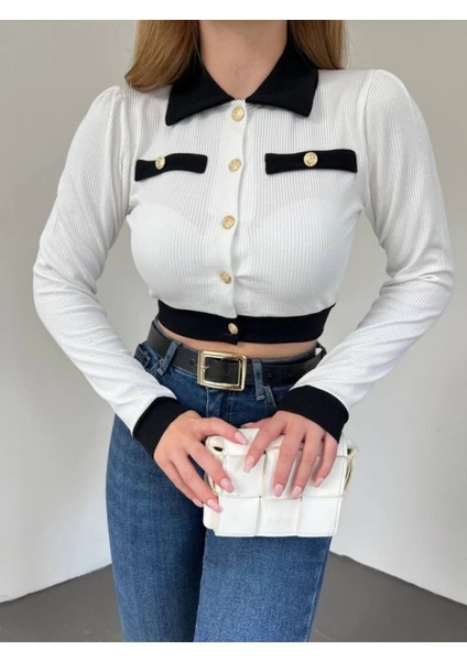 Düğmeli Cep Detaylı Crop Hırka -Beyaz