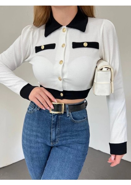 Düğmeli Cep Detaylı Crop Hırka -Beyaz fiyatları