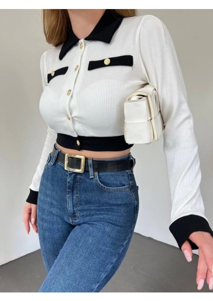Düğmeli Cep Detaylı Crop Hırka -Beyaz modelleri