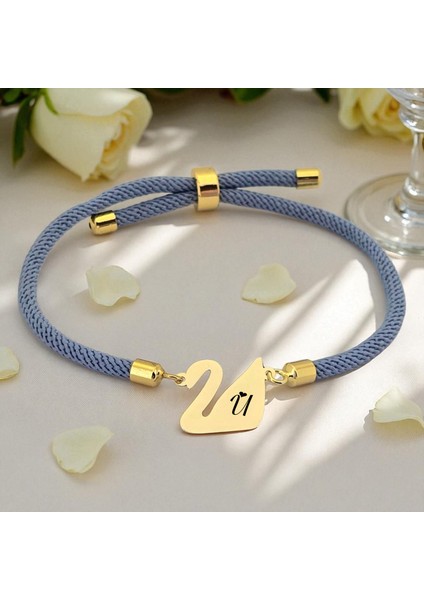 Altın Plakalı 14 Ayar U Harfine Özel Mavi Ipek Örgülü Kuğu Kuşu Figürlü Hediye BILEKLIK-603HARF fiyatları