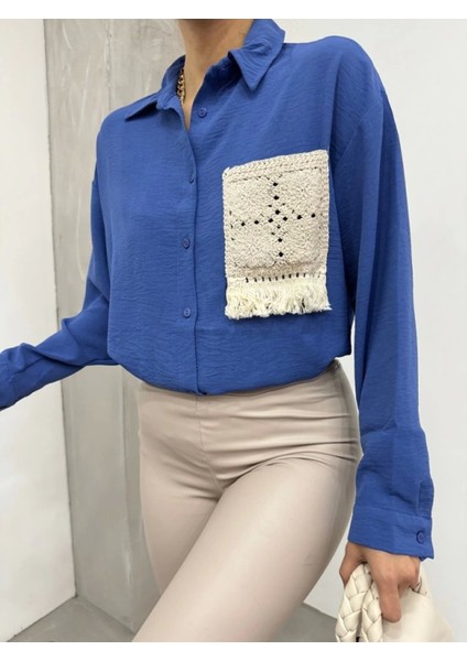 Örgü Cepli Düğmeli Ayrobin Gömlek -Indigo