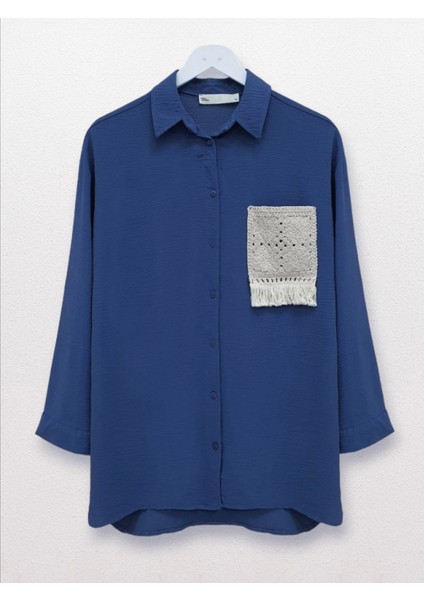 Örgü Cepli Düğmeli Ayrobin Gömlek -Indigo fırsatları
