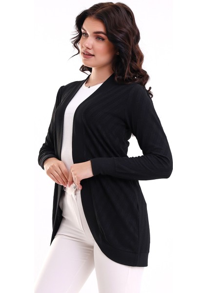 Bumpe Kadın Siyah Uzun Kollu Oval Etek Örme Jakarlı Esnek Penye Hırka & Kaftan & Hicab & Tesettür Hırka