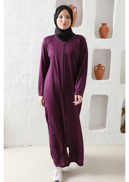 Fermuralı Likralı Kumaş Düz Renk Namaz Elbisesi Ferace