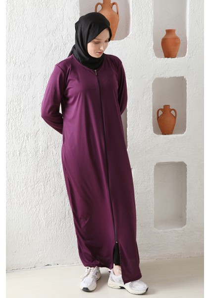 Fermuralı Likralı Kumaş Düz Renk Namaz Elbisesi Ferace modelleri