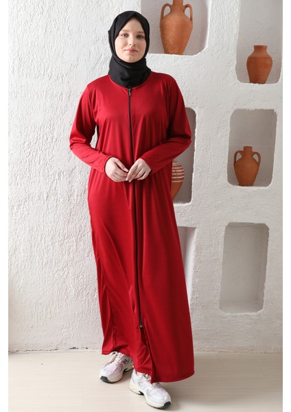 Fermuralı Likralı Kumaş Düz Renk Namaz Elbisesi Ferace