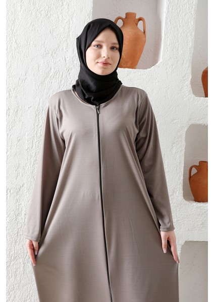 Fermuralı Likralı Kumaş Düz Renk Namaz Elbisesi Ferace