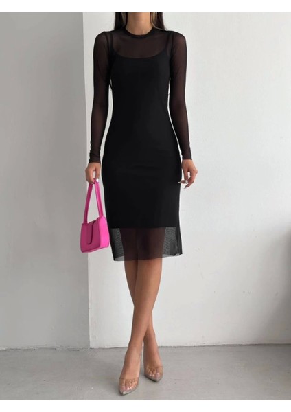 Tül Elbise Atlet Takım -Siyah